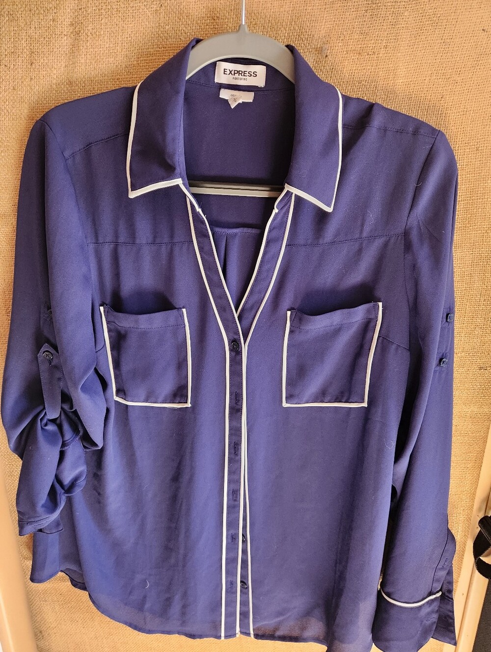 Express  Navy Blue Contrast-Trim Button-Up Blouse